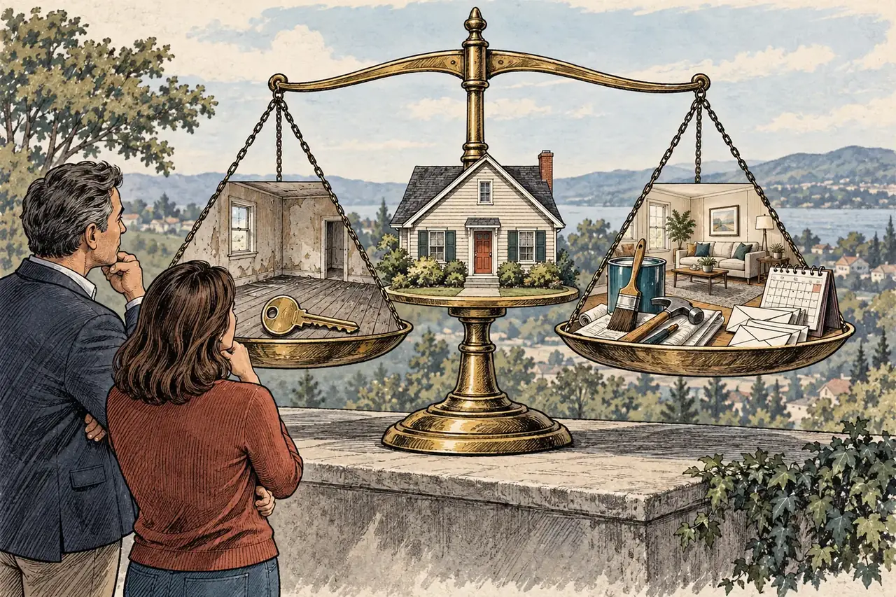 Editorial illustration balancing an as-is home against repairs, staging, time, and offers.