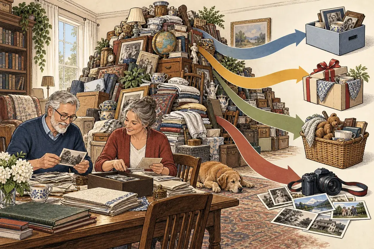 Editorial illustration of a family sorting a lifetime of belongings into clear paths.