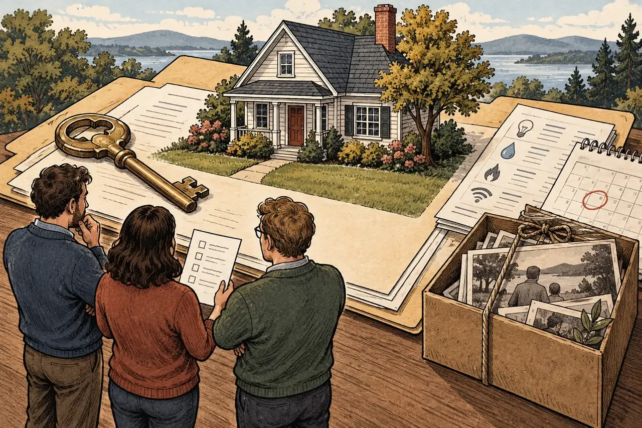 Editorial illustration of three family members reviewing a house, key, bills, and family photographs.