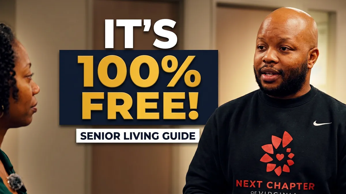 Kristin Allen of Driven2 Solutions listening to Sean Taylor of Next Chapter Services of Virginia, with the words “It’s 100% free! Senior living guide.”