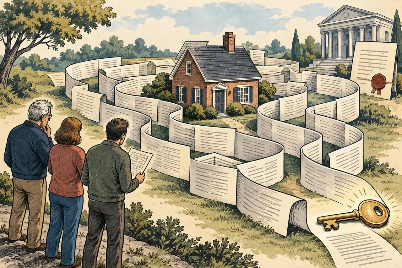 Editorial illustration of a house surrounded by a maze of probate paperwork leading to a key.