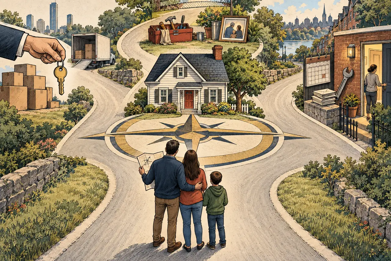 Editorial illustration of a family choosing among three paths for selling, keeping, or renting a house.