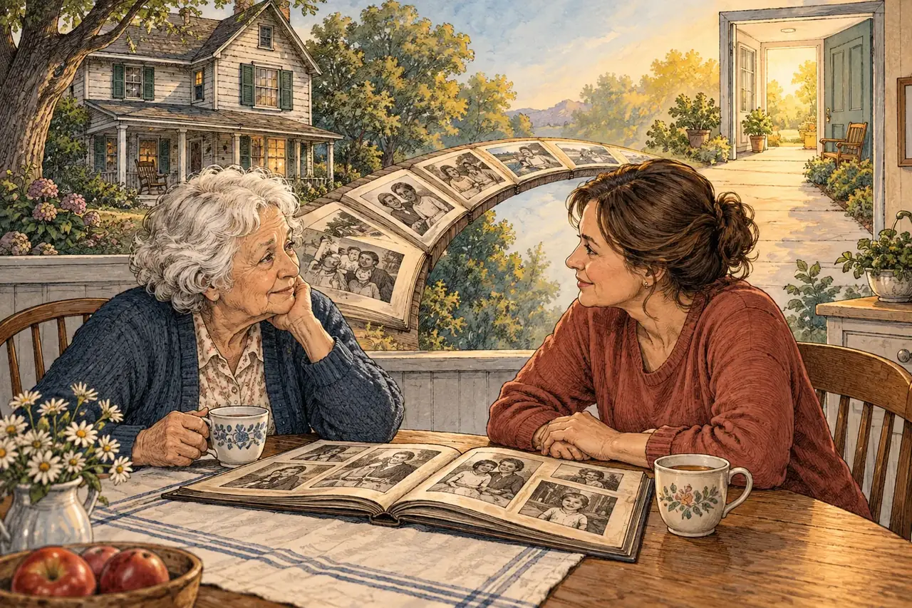 Editorial illustration of an older adult and family member talking over tea and a family album.