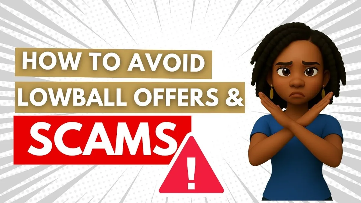 Illustration of Kristin Allen crossing her arms beside the words “How to avoid lowball offers and scams.”
