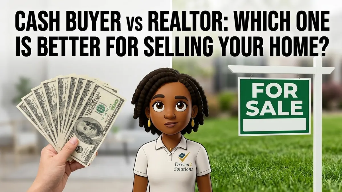 Illustration of Kristin Allen between a handful of cash and a For Sale sign, under the words “Cash buyer vs Realtor: which one is better for selling your home?”