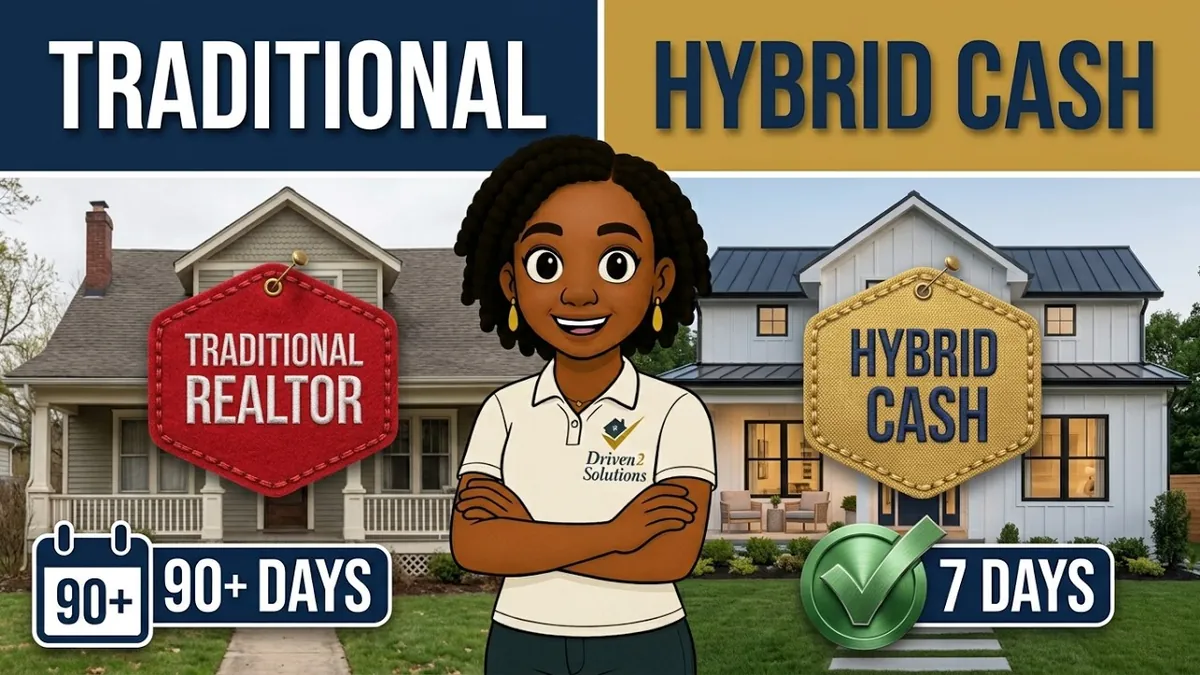 Illustration of Kristin Allen between a house labeled “Traditional Realtor” and a house labeled “Hybrid cash.”