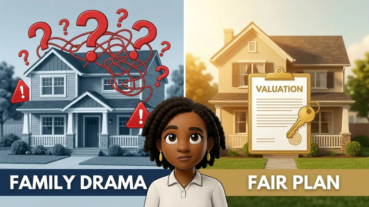Illustration of Kristin Allen between a house surrounded by question marks labeled “Family drama” and a house with a valuation clipboard labeled “Fair plan.”