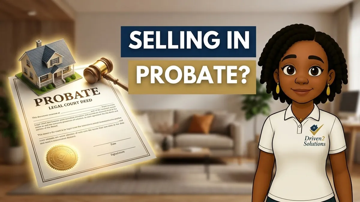 Illustration of Kristin Allen beside a probate court document and gavel, under the words “Selling in probate?”