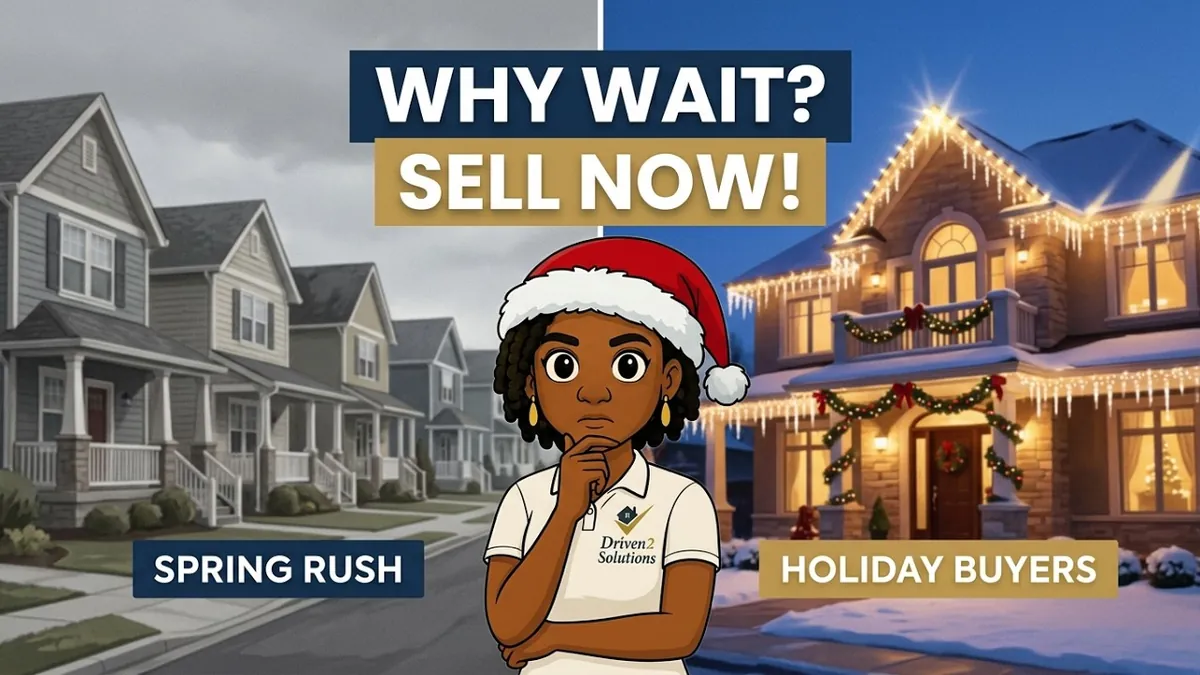 Illustration of Kristin Allen in a Santa hat between a row of houses labeled “Spring rush” and a decorated house labeled “Holiday buyers,” under the words “Why wait? Sell now!”