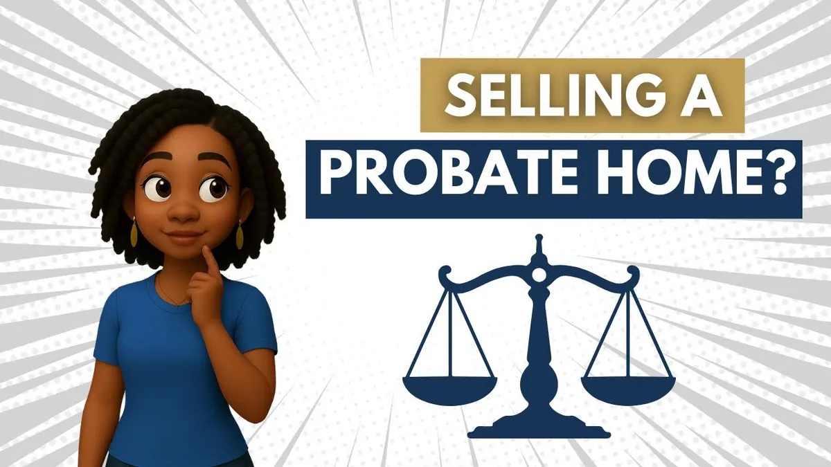 Illustration of Kristin Allen thinking beside the scales of justice, under the words “Selling a probate home?”