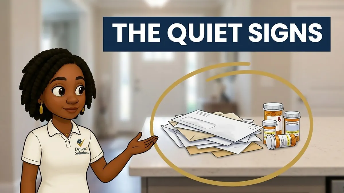 Illustration of Kristin Allen pointing to a pile of unopened mail and medication bottles, under the words “The quiet signs.”