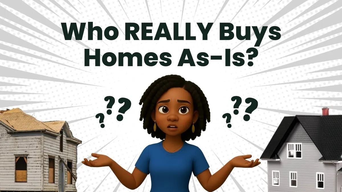 Illustration of Kristin Allen shrugging between a run-down house and a newer house, under the words “Who really buys homes as-is?”