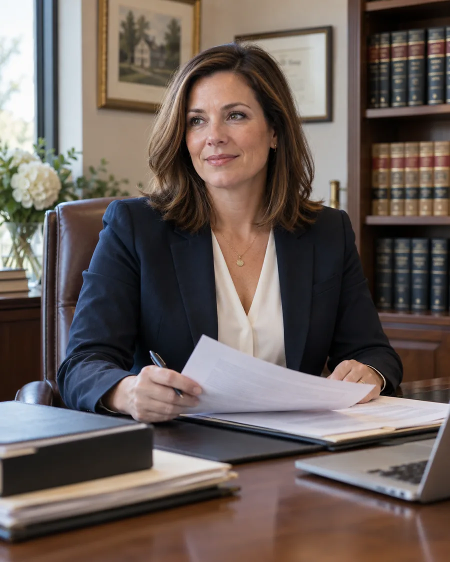 Attorney reviewing documents in her office