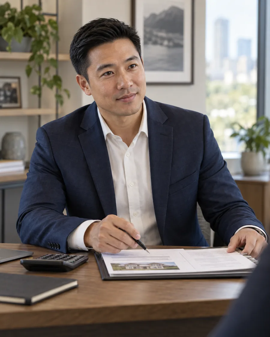 Financial professional working with documents at a desk