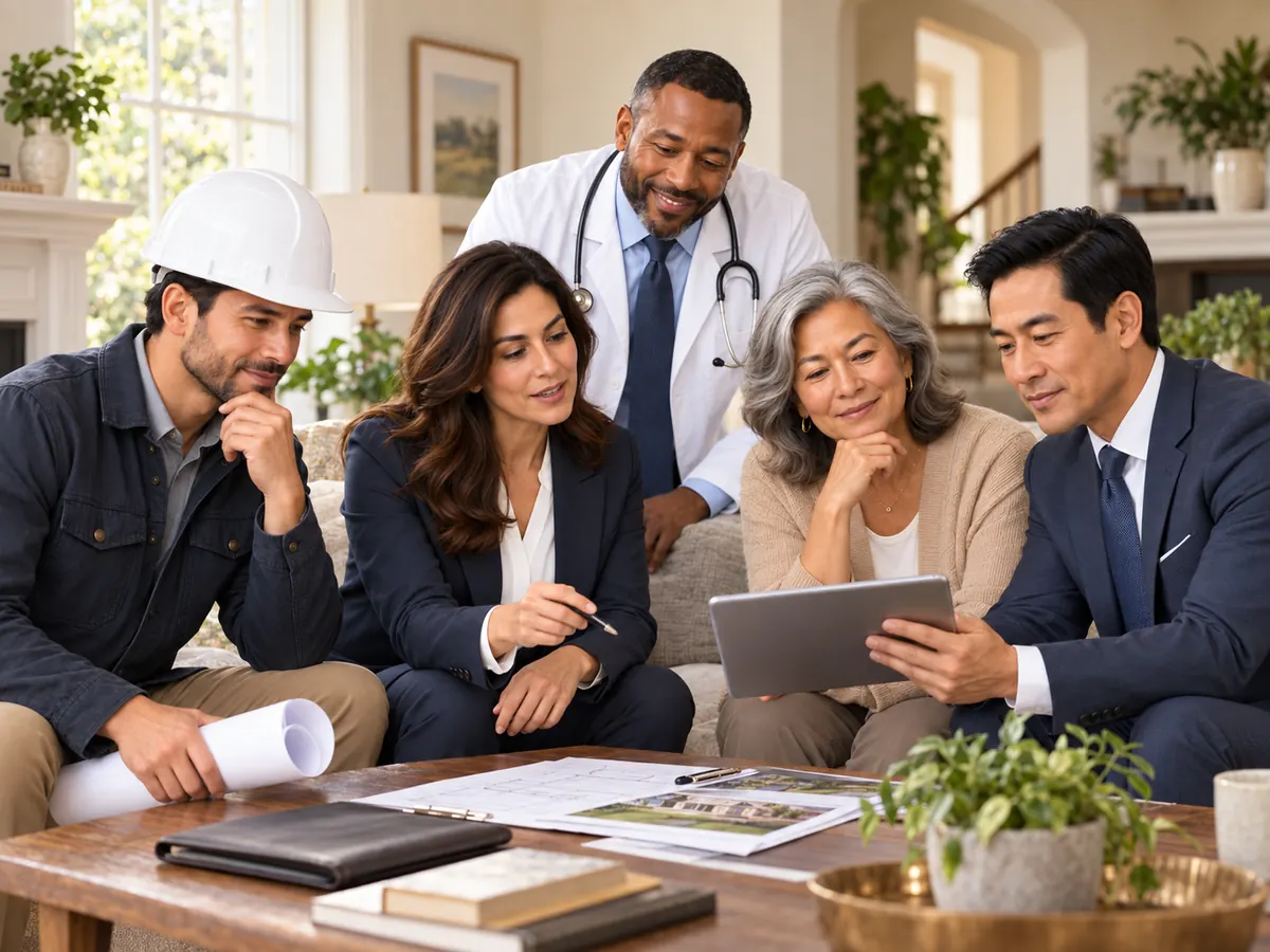 Construction, legal, medical, senior-care, and financial professionals reviewing a property situation together