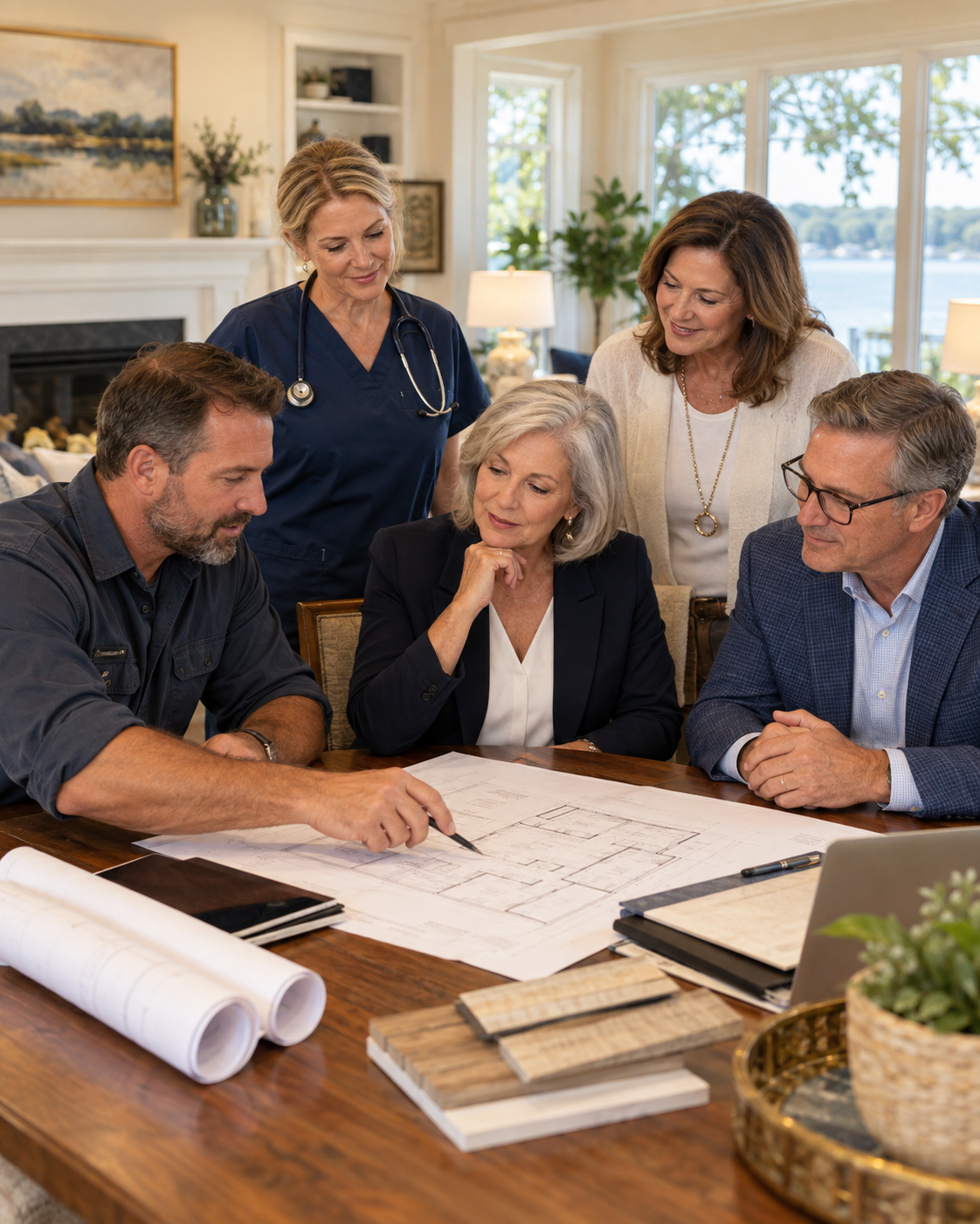Property-support professionals reviewing a home plan together