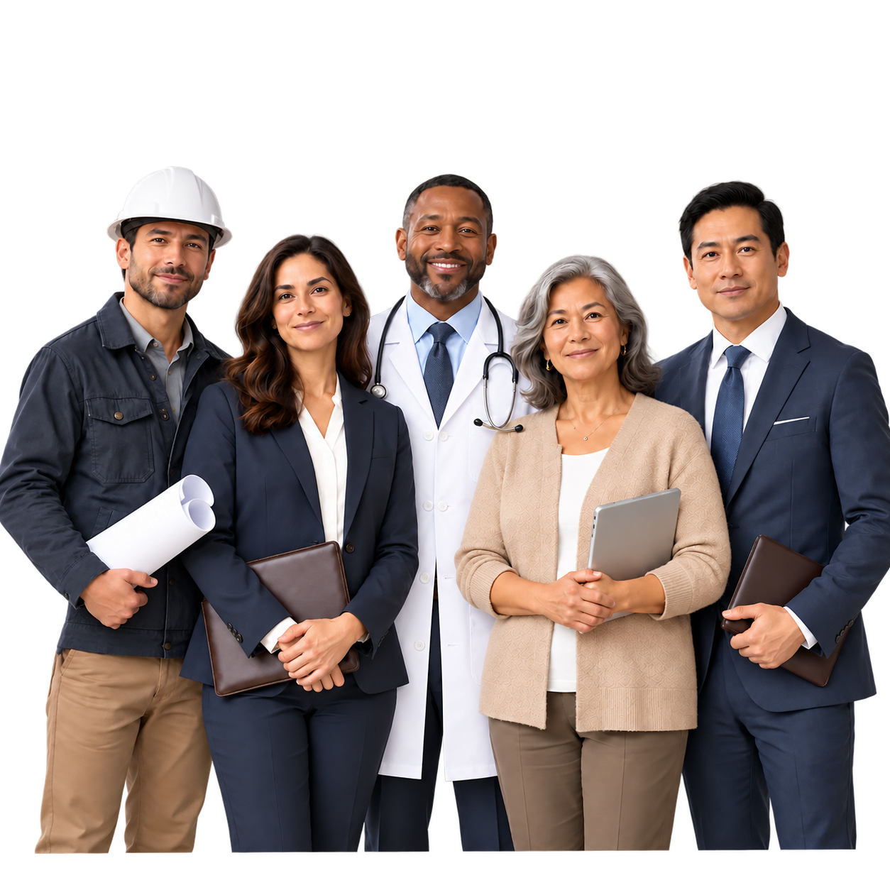 A construction engineer, lawyer, doctor, senior-care professional, and financial advisor standing together