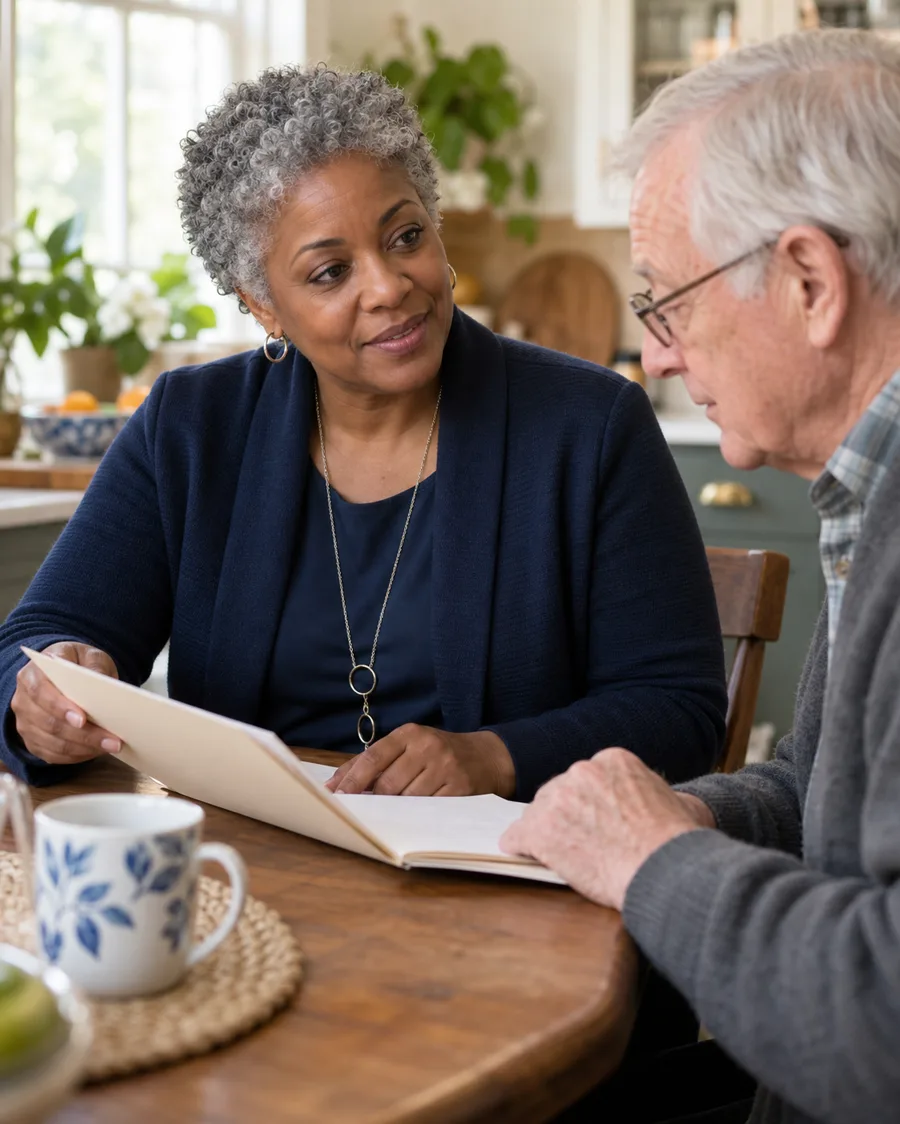 Advisor listening to an older adult at a kitchen table
